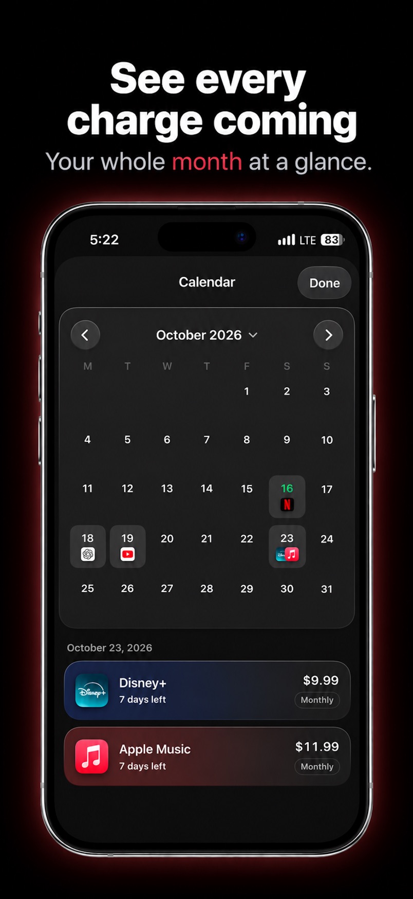 October calendar with charge days and the bills due on the 23rd.