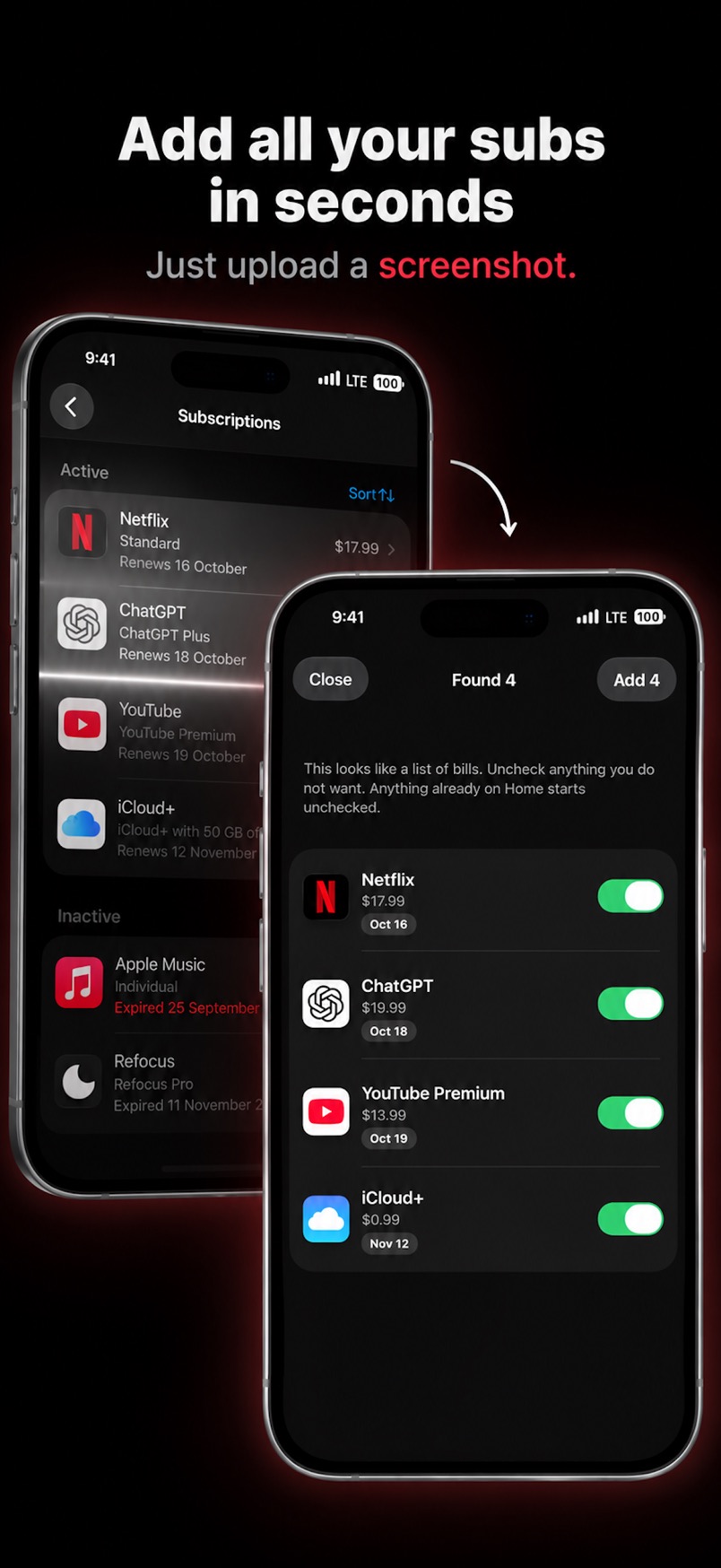 A screenshot of subscriptions turned into a Found list you can add.